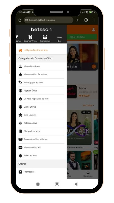 Acesse a seção de cassino ao vivo