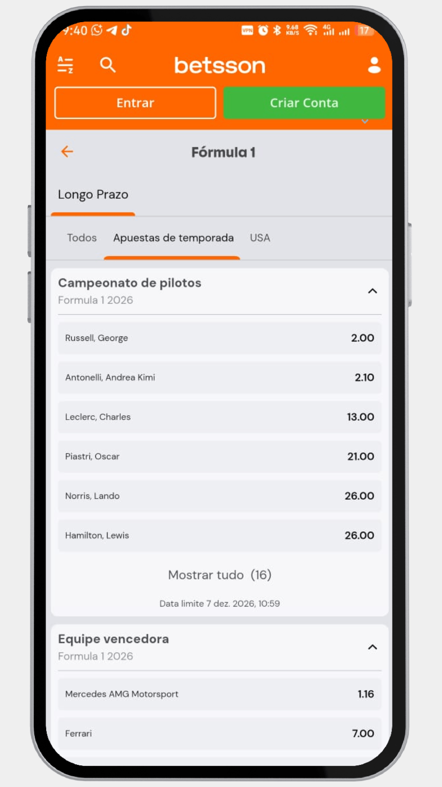 Painel da Betsson Brasil exibindo odds para o mercado de longo prazo no campeonato mundial de pilotos.