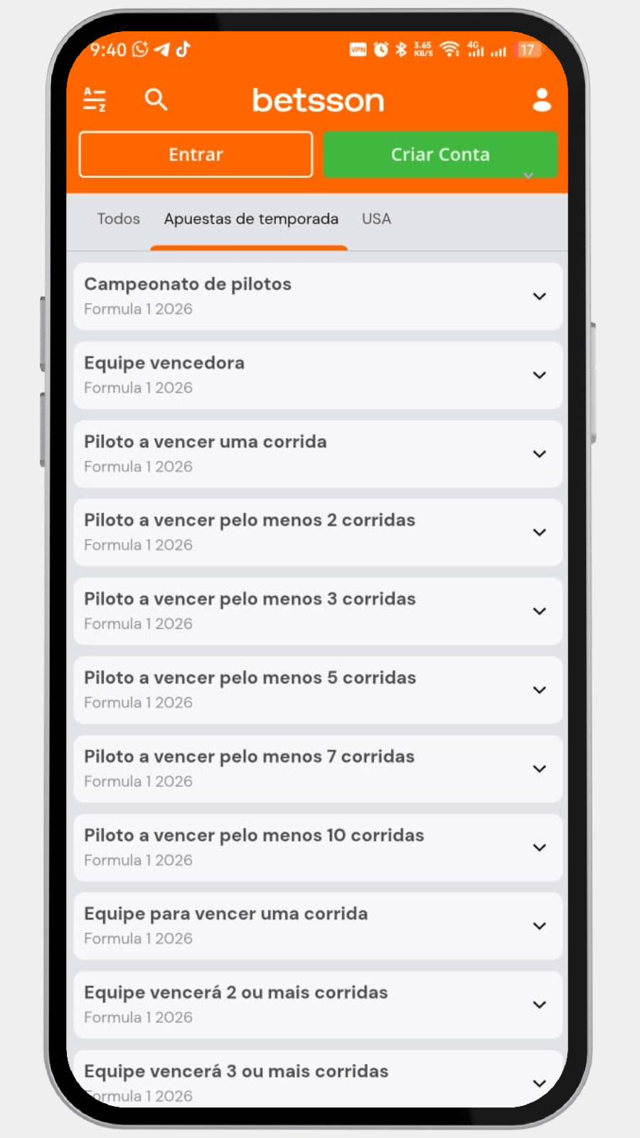 Lista completa de mercados especiais da Betsson para prever vencedores de corridas e títulos de construtores.
