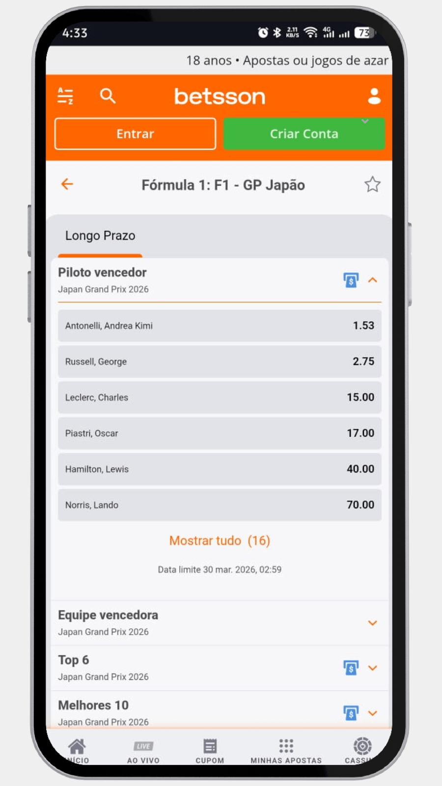 Lista de odds para piloto vencedor no GP do Japão 2026 na plataforma Betsson Brasil.