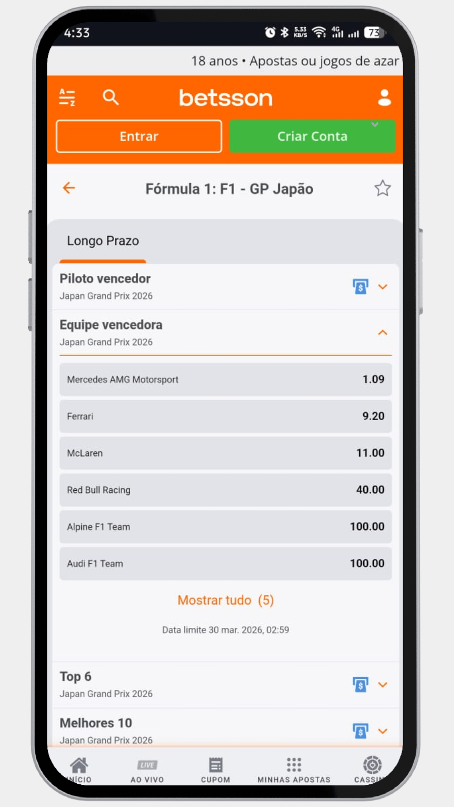 Opções de apostas em equipes vencedoras, como Mercedes e Ferrari, disponíveis no site da Betsson.
