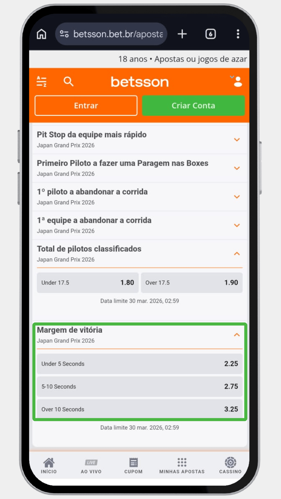 Captura de tela da Betsson Brasil mostrando odds para a margem de vitória em segundos no GP do Japão.