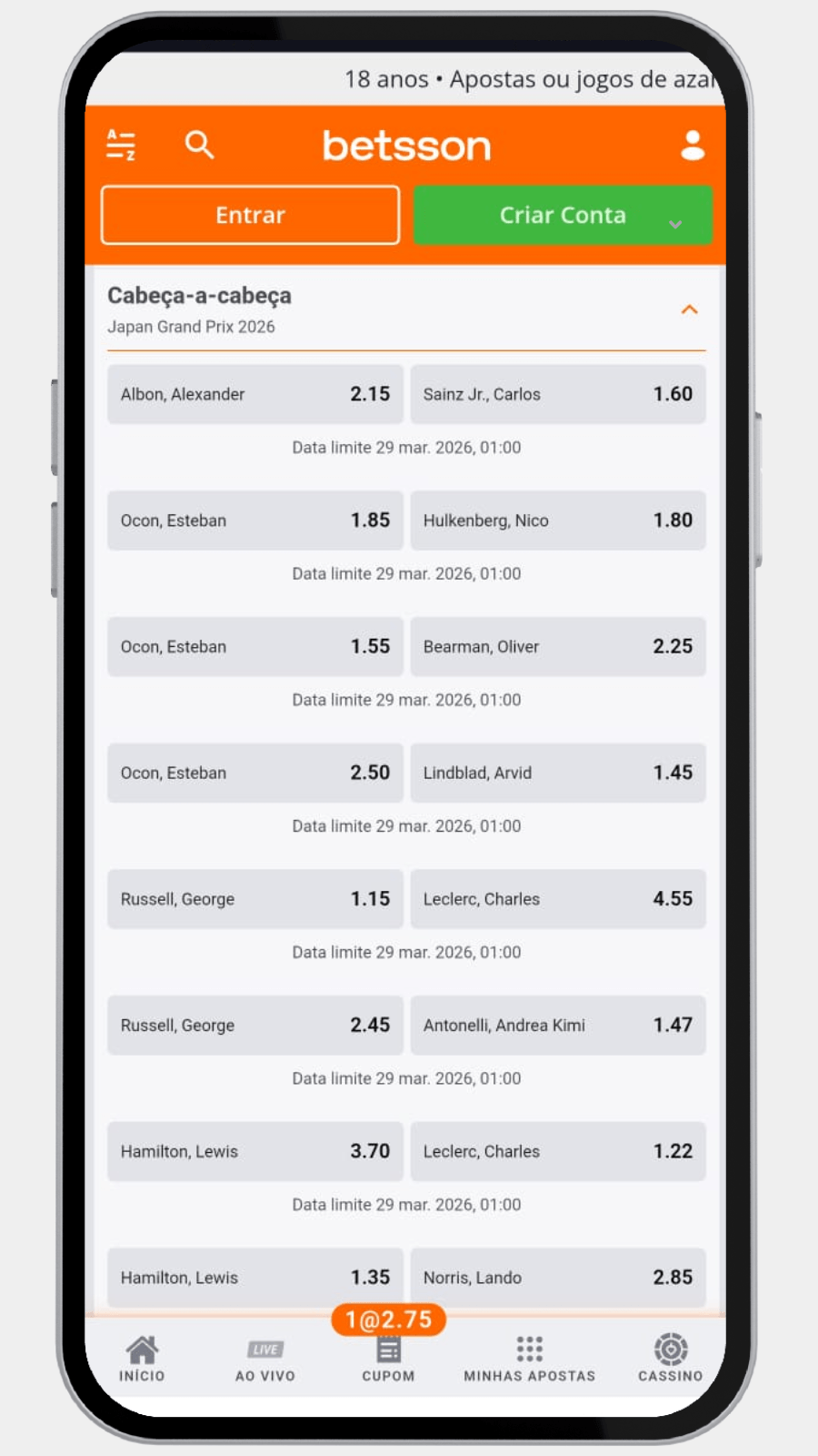 Comparação de odds para duelos diretos entre pilotos no GP do Japão dentro da Betsson Brasil.