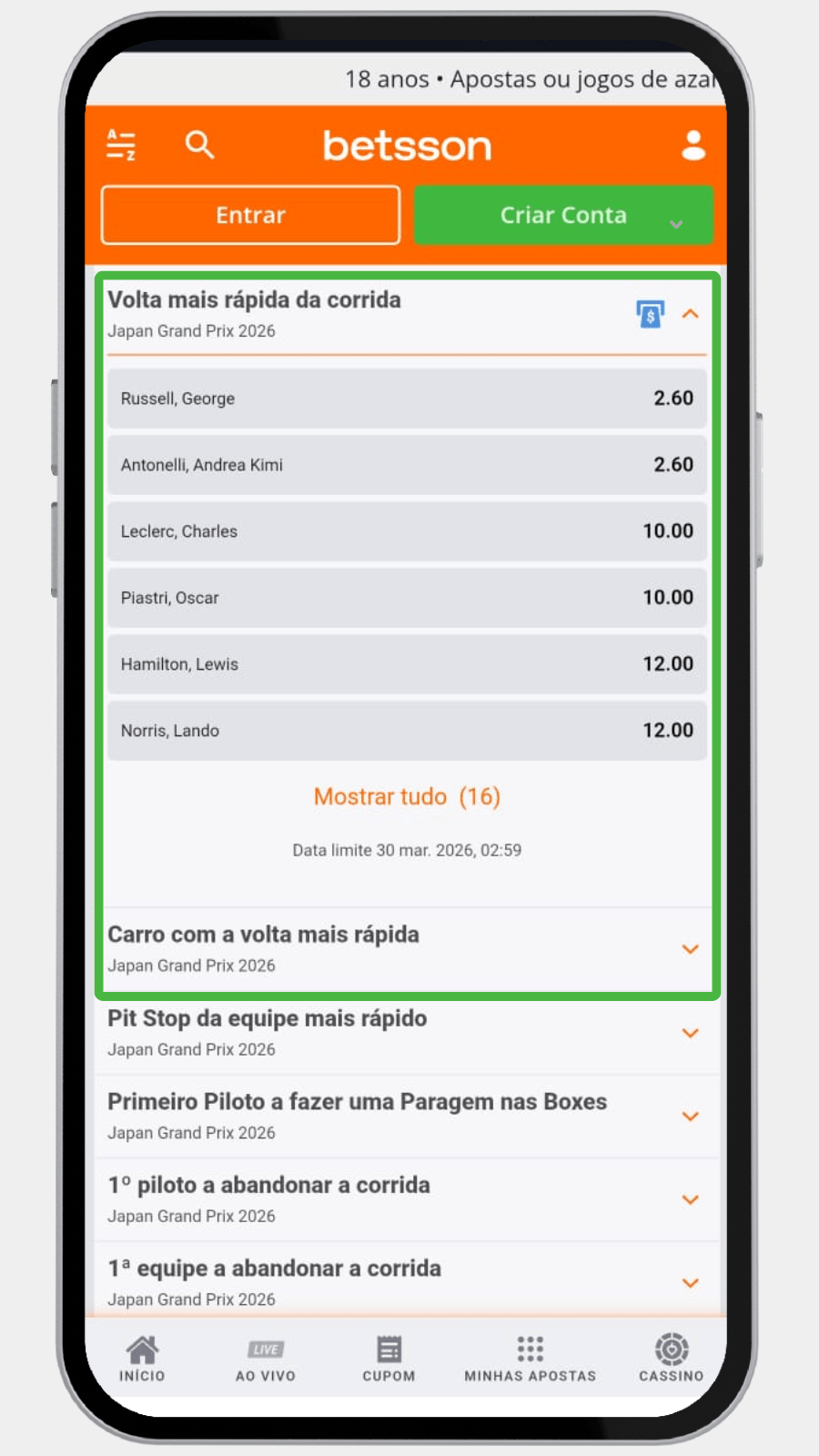 Interface da Betsson mostrando as odds para os mercados de volta mais rápida por piloto e por carro.