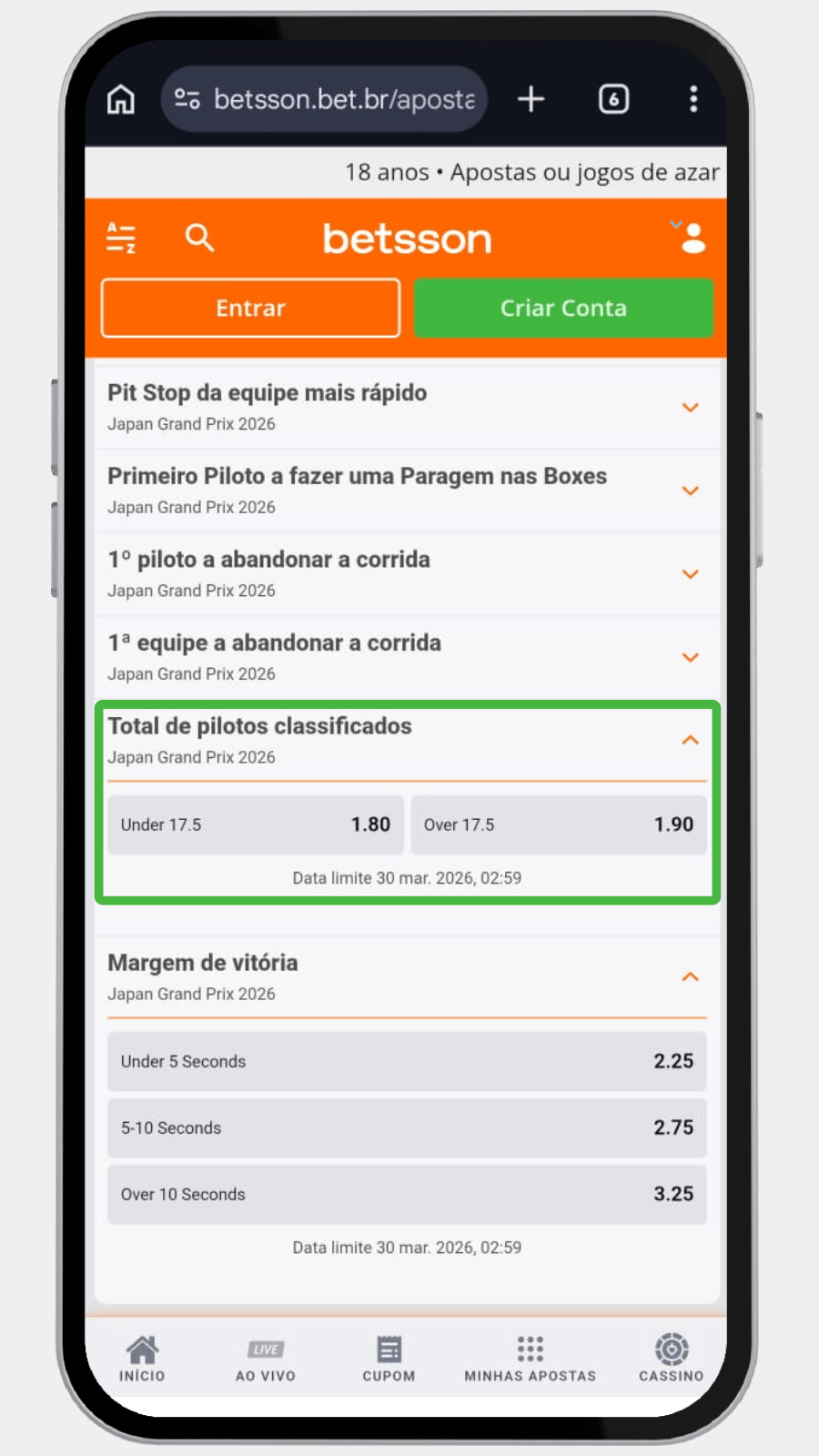 Mercado de apostas Under/Over para o total de pilotos classificados no GP do Japão na Betsson Brasil.