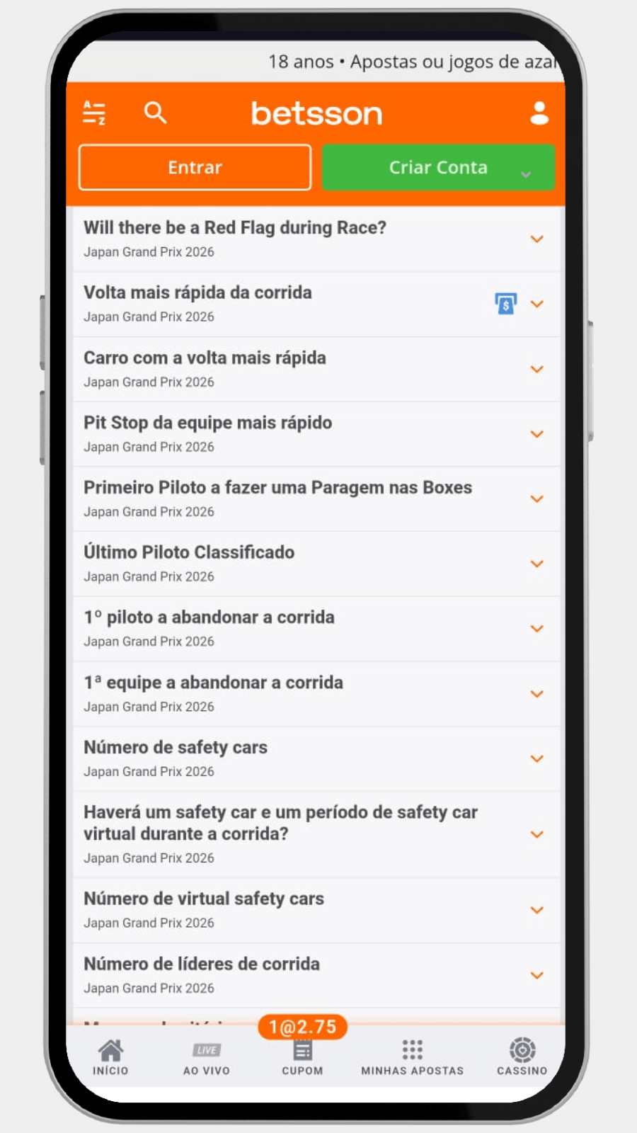 Lista de mercados especiais e Prop Bets de Fórmula 1 disponíveis na plataforma Betsson.