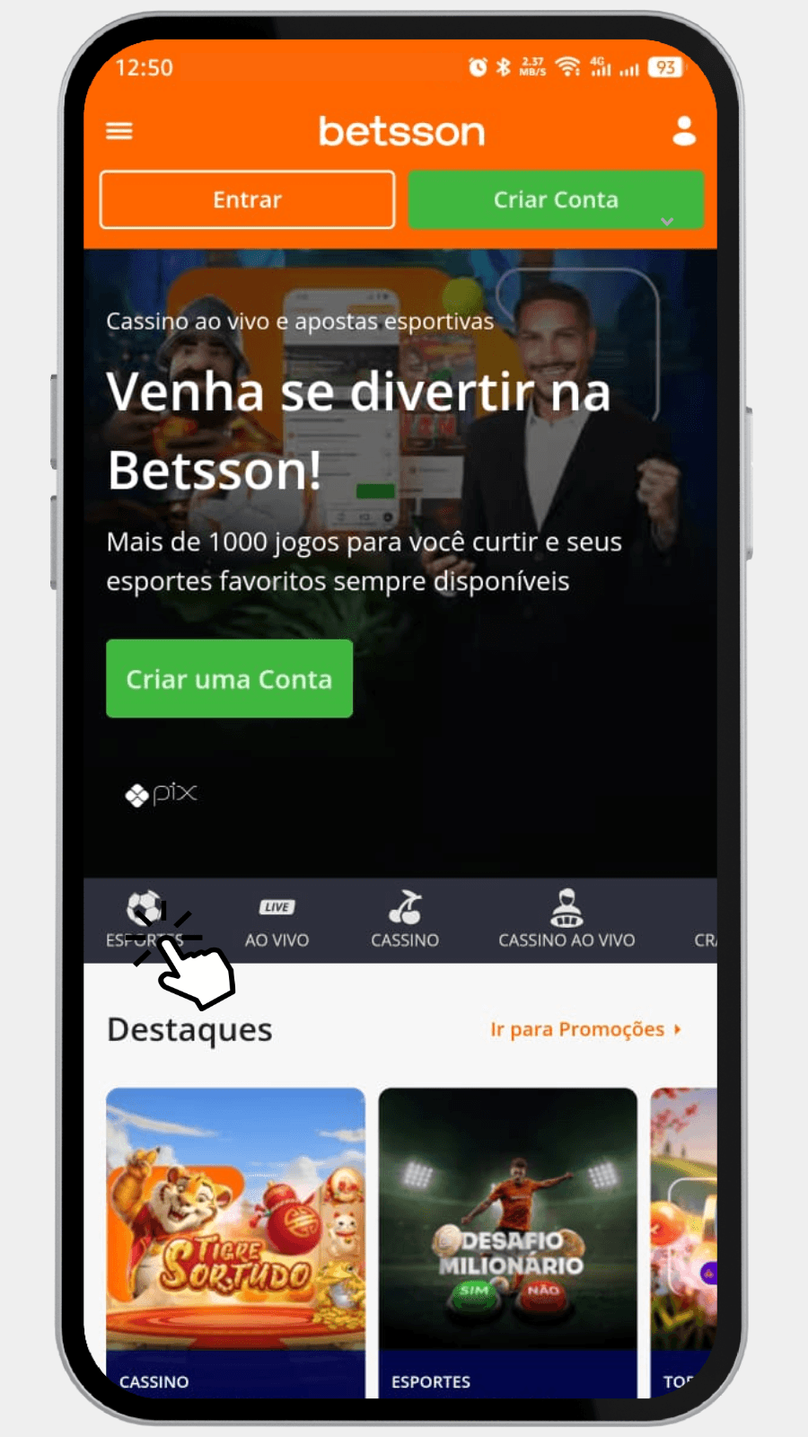 Tela inicial da Betsson Brasil destacando o botão de esportes e métodos de pagamento como Pix.