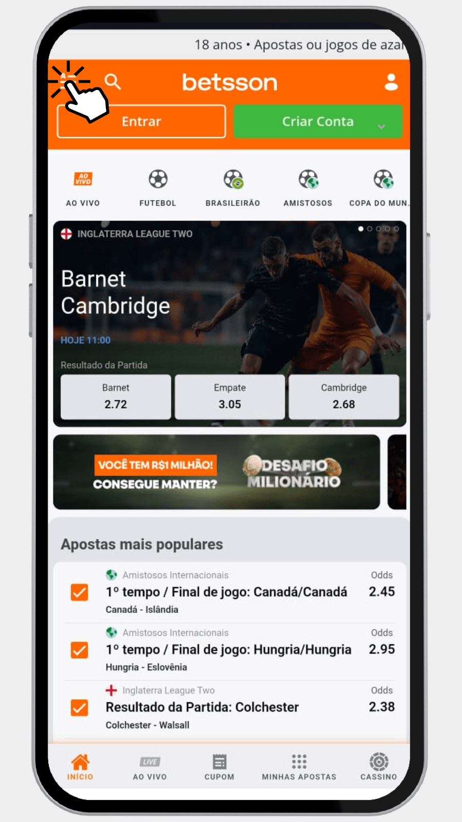 Abrindo o menu lateral da Betsson para navegar pelas categorias de apostas esportivas no celular.
