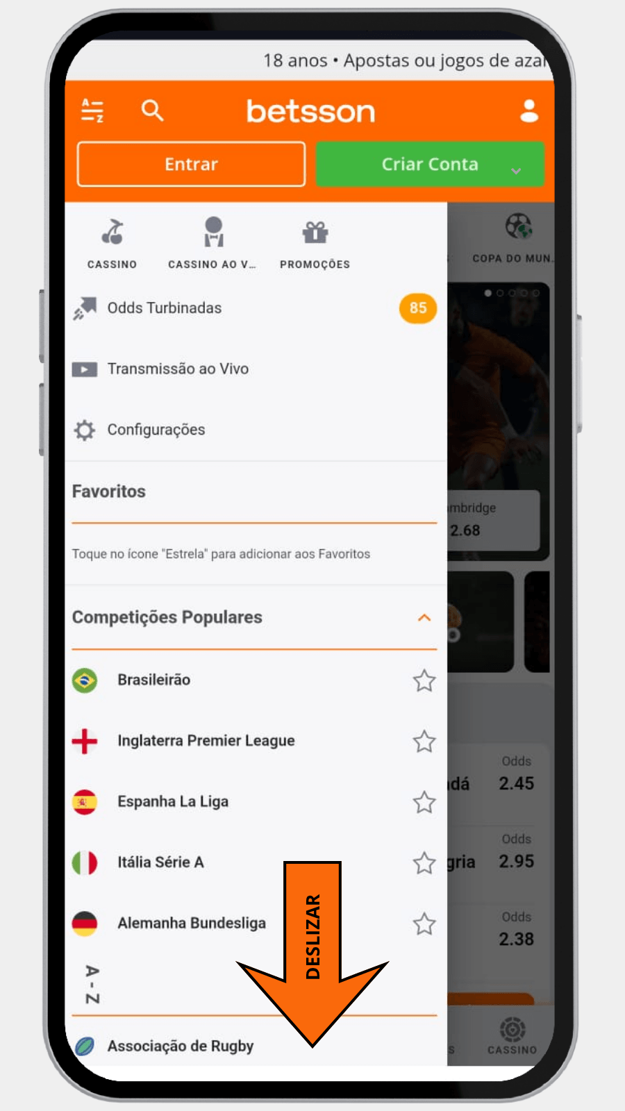 Lista de esportes na Betsson Brasil com a função de deslizar para encontrar automobilismo.