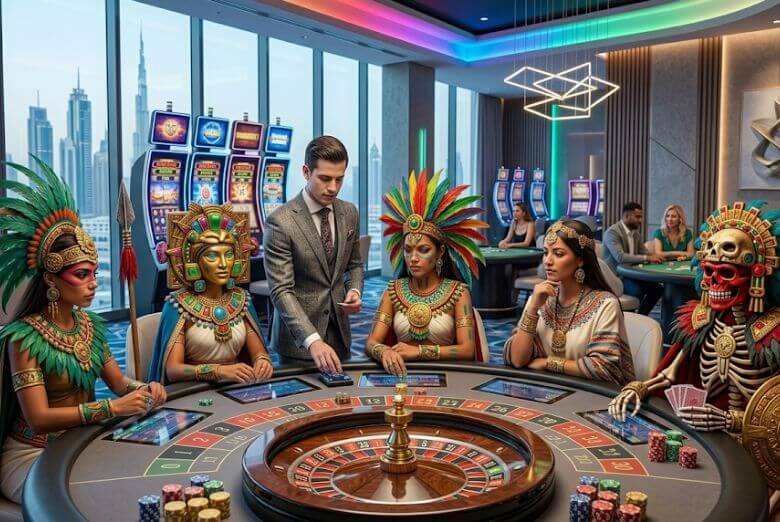 No cassino online Betsson Brasil, um crupiê de terno atende personagens astecas ao redor de uma mesa de roleta