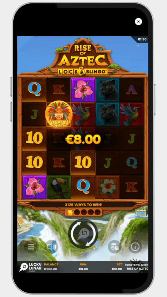 Na Betsson, a interface móvel do caça-níqueis revela uma vitória com o símbolo especial da Super Wild asteca brilhando.