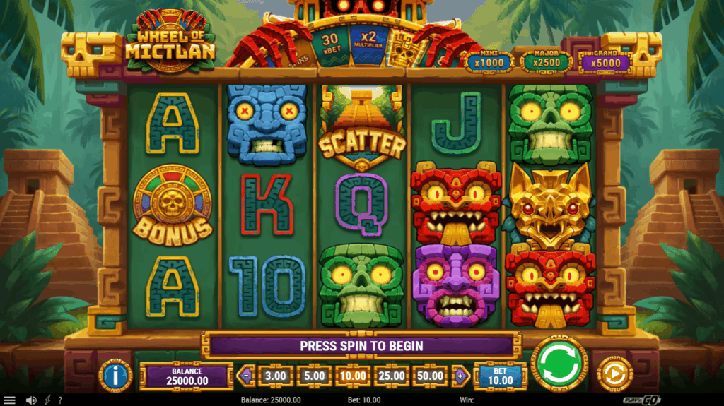No cassino online Betsson, a tela inicial do jogo exibe rodilhos verdes com máscaras tribais de pedra coloridas.